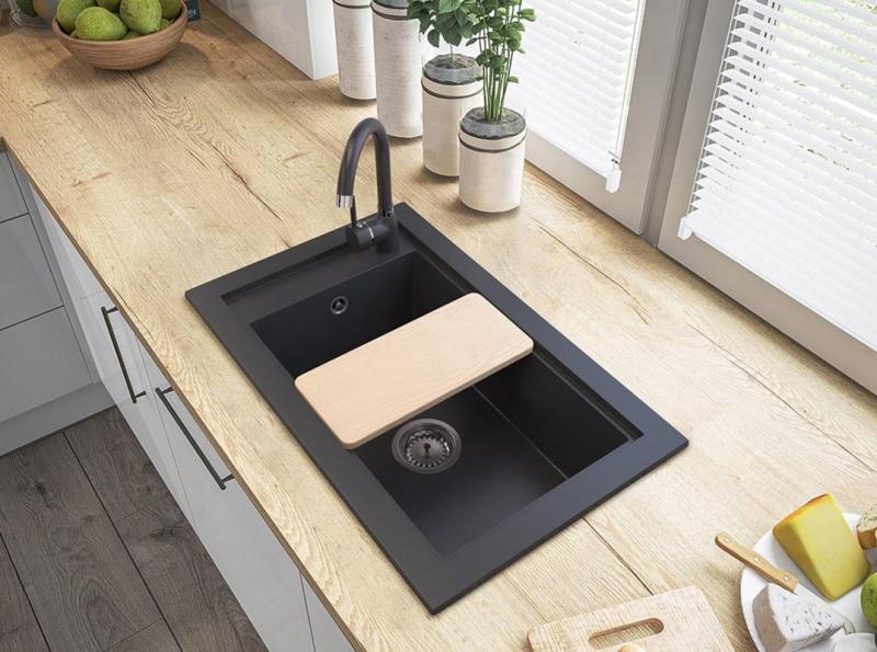 Graniteland Magra Granit Noir Évier de surface 686 x 427 mm avec banque de trous de robinet et bouchon en inox 1208970616