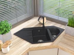 Graniteland Amiata Granit noir Pierre bleue aspect Évier d'angle à poser 965x496mm avec bouchon en inox 1208970620.