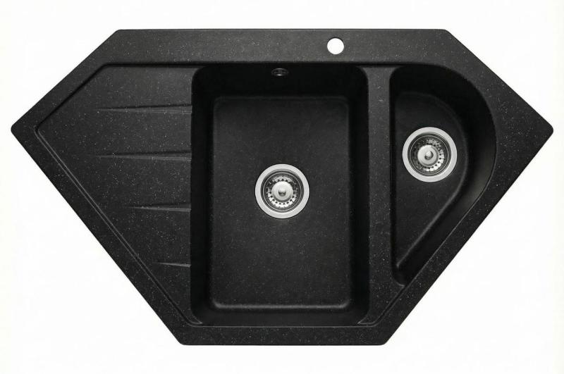 Graniteland Amiata Granite black bluestone look Corner sink surface-mounted 955x489mm with stainless steel plug 1208970620