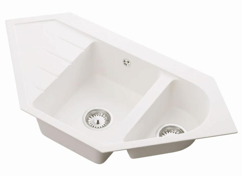 Graniteland Amiata Granite White Corner Sink, surface mounted, 955x489mm, with stainless steel plug 1208970622