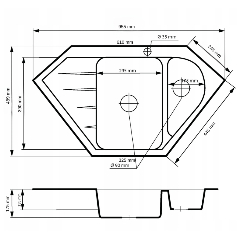 Graniteland Amiata Évier d'angle en granit blanc à poser 955 x 489 mm avec bouchon en acier inoxydable 1208970622