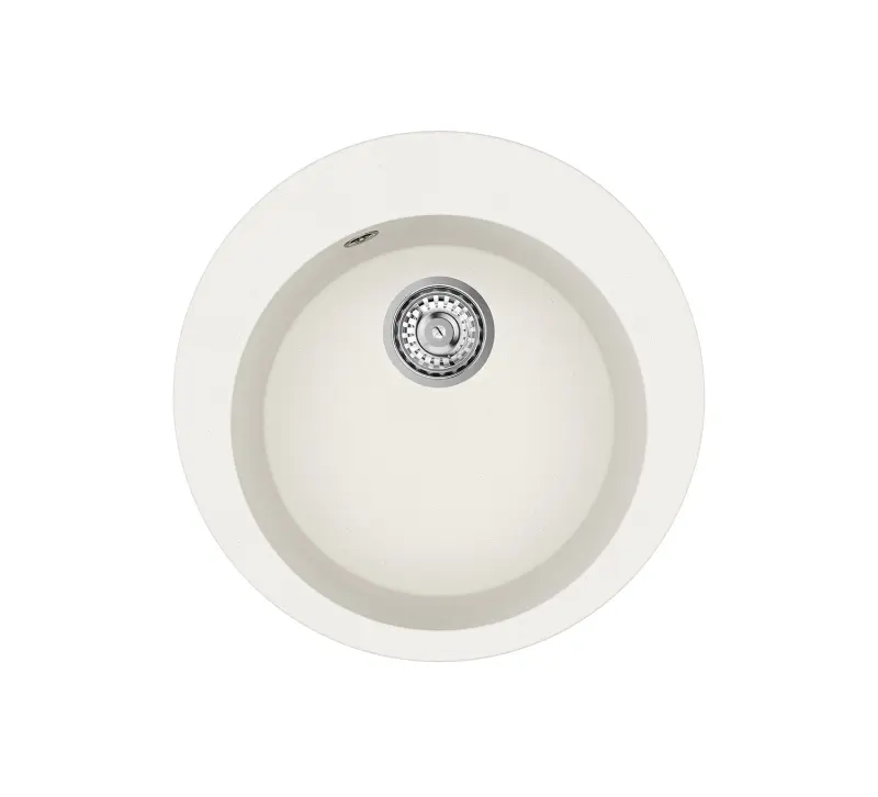 AquaGranite Lago Évier rond en granit blanc de 505mm avec bouchon en inox et 1 trou pour robinet 1208970689