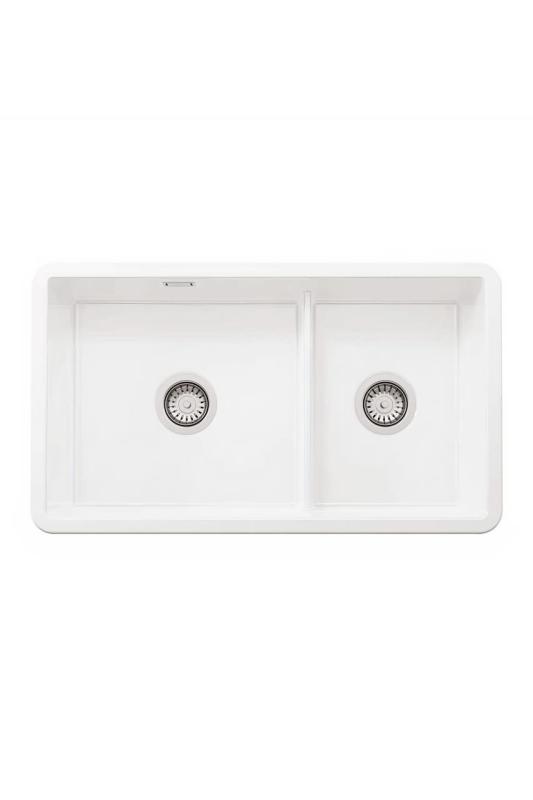 Ausmann Ceramic Ember Évier en céramique blanc une fois et demi Montage en surface et sous plan 733 x 401 mm avec bouchons en inox 1208970737