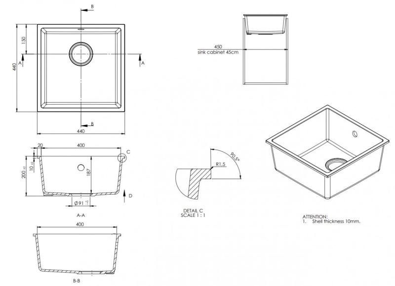 GraniteMy Universel Granite Gris, foncé Évier 40x40 cm Pose en surface, sous plan et à fleur avec Bouchon en inox 1208970742