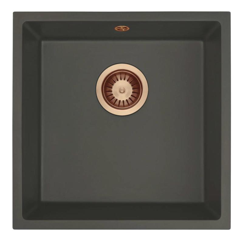 GraniteMy Universel Granit Gris, foncé Evier 40x40 cm Montage en surface, Sous-montage et Encastrement avec Bouchon en Cuivre 1208970749