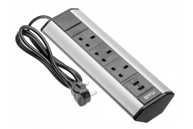 Câble d'extension de bureau avec 3 prises UK angulaires, 2xUSB 2.1A 5V (argent) VERSION ANGLAISE