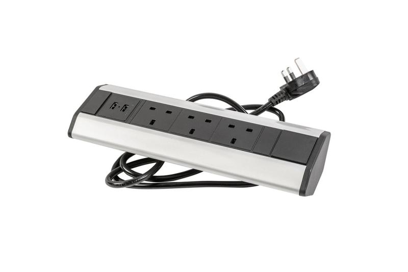 Câble d'extension de bureau avec 3 prises UK angulaires, 2x USB 2.1A 5V (argent) SANS LOGO