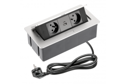 PRISE meuble douce 2x avec mise à la terre, USB A+C, câble d'alimentation avec prise, aluminium.