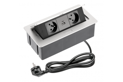 PRISE meuble douce 2x avec mise à la terre, USB A+C, câble d'alimentation avec prise, aluminium.