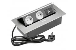 Câble d'extension de bureau 2x prise Schuko, 2x USB, câble d'alimentation avec prise, aluminium