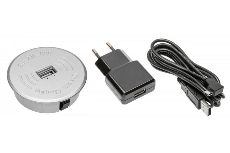 Kit chargeur sans fil avec USB argenté et adaptateur secteur (câble USB détachable de 2 m)