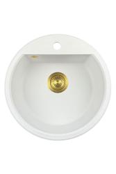 GraniteMy Bremen évier rond en granit 43 cm blanc à poser et à encastrer avec trou pour robinet et bouchon doré 1208971219