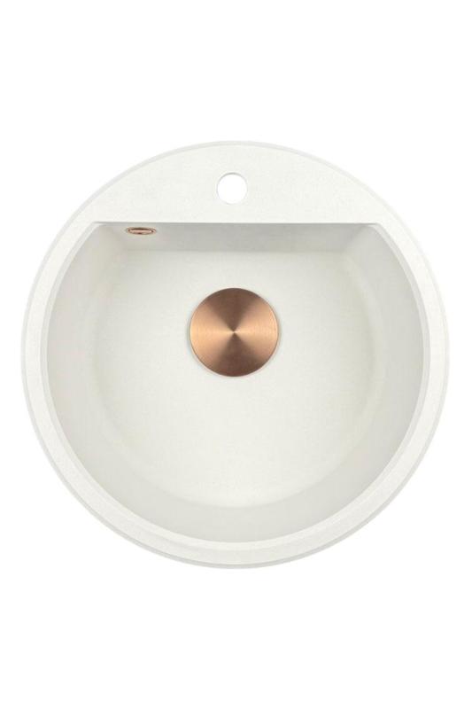 Mon évier rond en granit Bremen de 43 cm blanc, à poser et à encastrer, avec un trou pour robinet et un bouchon en cuivre 1208971222