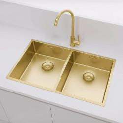 Pure.Sink Prestige Double Évier doré 70x40 cm 10mm rayon sous-montage, montage à fleur et montage en surface PPG343440-60
