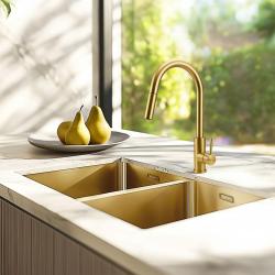 Pure.Sink Prestige Double Évier doré 70x40 cm 10mm rayon sous-montage, montage à fleur et montage en surface PPG343440-60