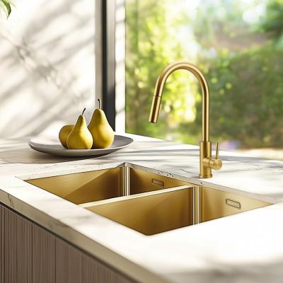 Pure.Sink Prestige Double Évier doré 70x40 cm 10mm rayon sous-montage, montage à fleur et montage en surface PPG343440-60