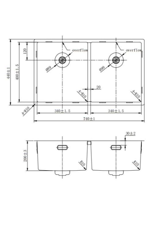 Pure.Sink Prestige Double Gun métal évier 70x40 cm rayon de 10mm sous-plan, plan de travail et montage en saillie PPG343440-61