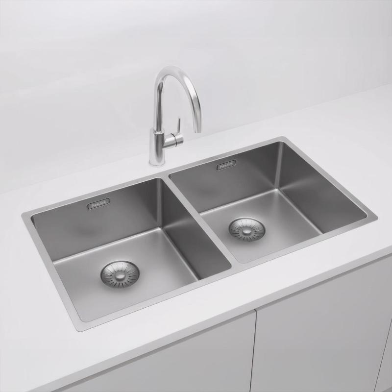 Pure.Sink Prestige Double évier en inox 82x40 cm rayon de 10mm sous-plan, encastré et sur plan PPG404040-02