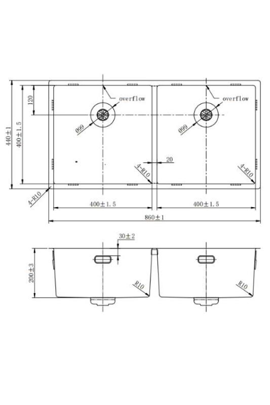 Pure.Sink Prestige Double évier en inox 82x40 cm rayon de 10mm sous-plan, encastré et sur plan PPG404040-02