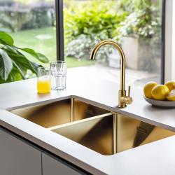 Pure.Sink Prestige Double Évier Doré 82x40 cm rayon de 10mm sous-structure, montage à fleur et montage en surface PPG404040-60