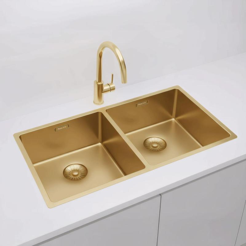 Pure.Sink Prestige Double Évier Doré 82x40 cm rayon de 10mm sous-structure, montage à fleur et montage en surface PPG404040-60