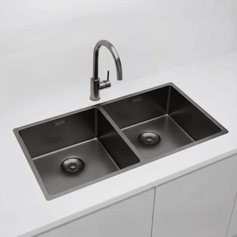 Pure.Sink Prestige Double évier en métal couleur canon de fusil 82x40 cm rayon de 10mm sous-comptoir, montage à fleur et sur-comptoir PPG404040-61