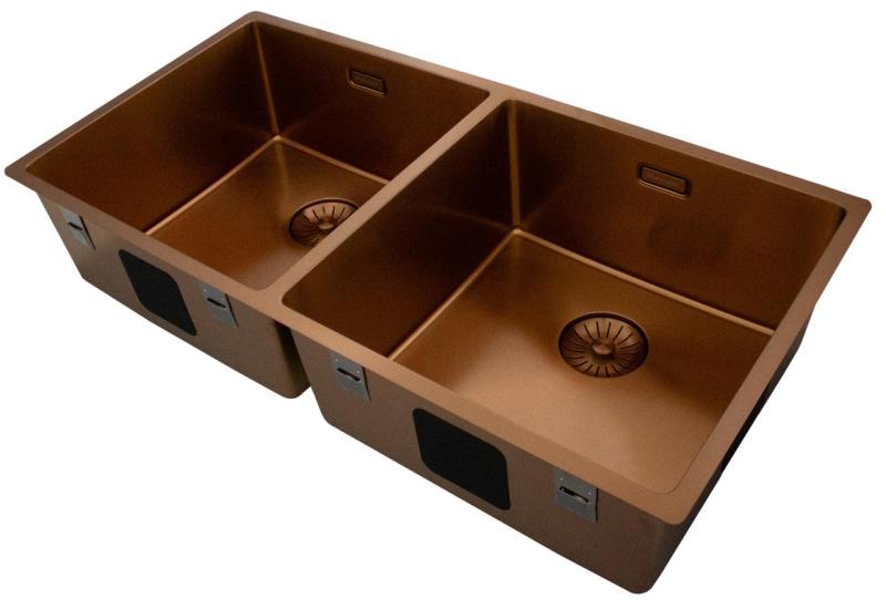 Pure.Sink Prestige Double Évier en cuivre 82x40 cm rayon de 10mm sous plan, à fleur et à poser PPG404040-62