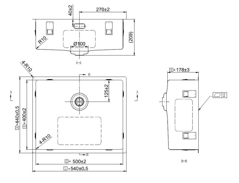 Pure.Sink Exclusivo Évier doré 50x40 cm rayon de 10mm sous plan, à fleur et en saillie PEX5040-60