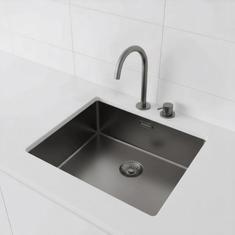 Pure.Sink Exclusivo évier en métal de couleur canon de fusil 50x40 cm avec un rayon de 10mm, sous-meuble, à fleur et surélévation PEX5040-61
