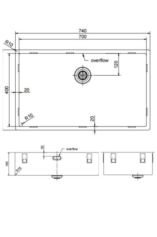 Pure.Sink Exclusivo grand évier en inox 70x40 cm rayon de 10mm sous plan, encastré et en saillie PEX7040-02