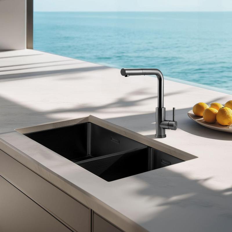 Pure.Sink Exclusivo Gun Metal 1,5 bac et demi 34+18 cm rayon de 10mm PEX341840-61
