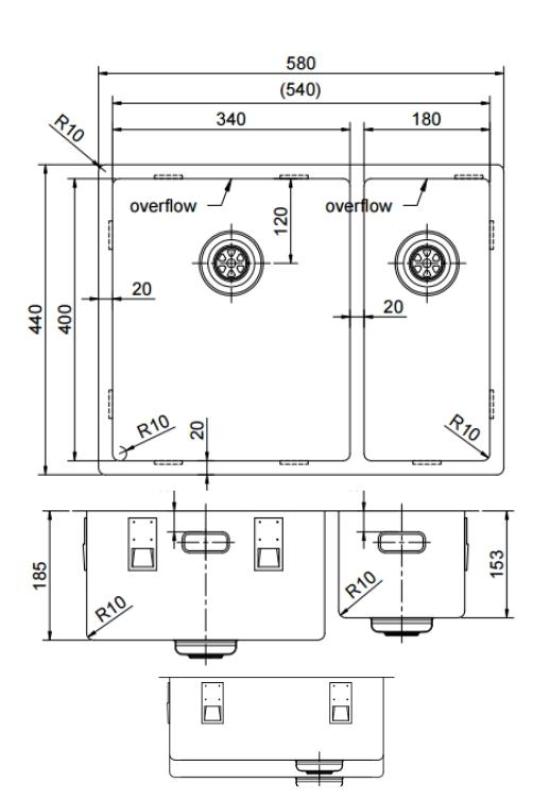 Pure.Sink Exclusivo Cuivre 1,5 évier à une et demie 34+18 cm rayon 10mm PEX341840-62
