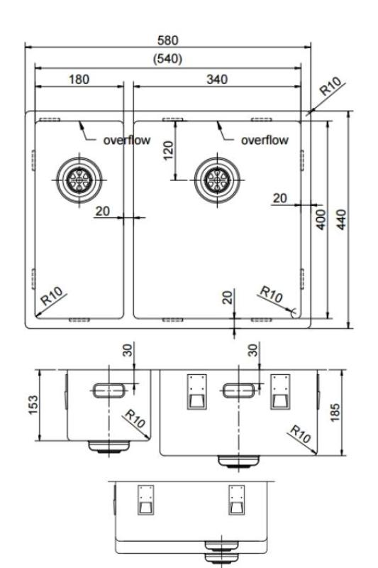 Pure.Sink Exclusivo Doré 1,5 bac à demi 18+34 cm rayon de 10mm PEX183440-60