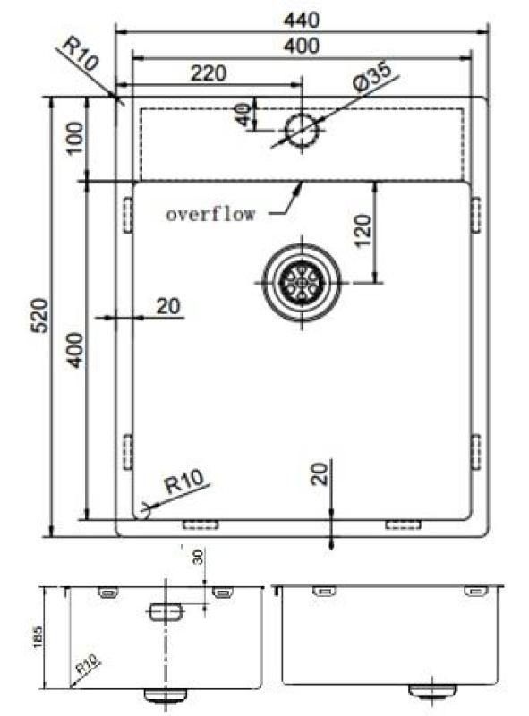 Pure.Sink Exclusivo Gun Metal évier 44x52 cm Tapwing avec trou de robinet 10mm rayon PEX4040T-61