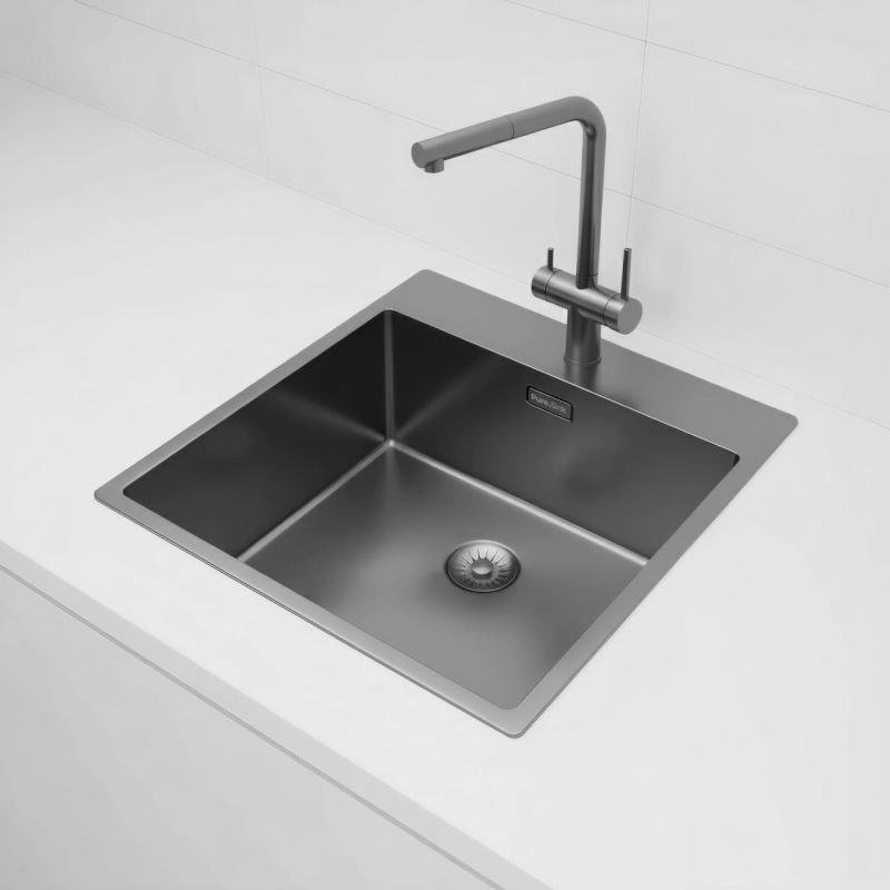 Pure.Sink Exclusivo Gun Metal évier 49x52 cm Tapwing avec trou de robinet rayon 10mm PEX4540T-61