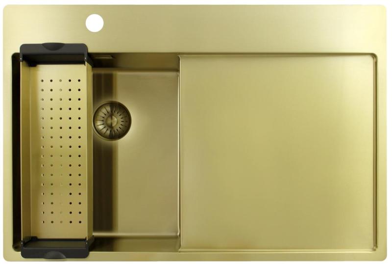 Pure.Sink Exclusivo Petit évier doré avec égouttoir 78 x 52 cm Robinet à levier gauche PEX3478LT-60