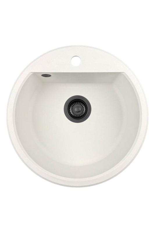 GraniteMy Bremen évier rond en granit de 43 cm blanc encastrable et sous-meuble avec trou pour robinet et bouchon noir 1208971312