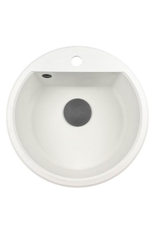 GraniteMy Bremen évier rond en granit de 43 cm blanc encastrable et sous-meuble avec trou pour robinet et bouchon noir 1208971312