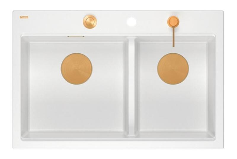 Quadri Hard Rock Double Évier de Surface en Granit Blanc 76 x 50 cm avec Bouchon en Cuivre et Accessoires 1208971357