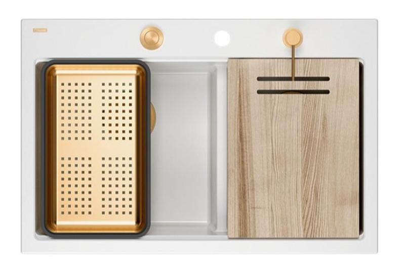 Quadri Hard Rock Double Évier de Surface en Granit Blanc 76 x 50 cm avec Bouchon en Cuivre et Accessoires 1208971357