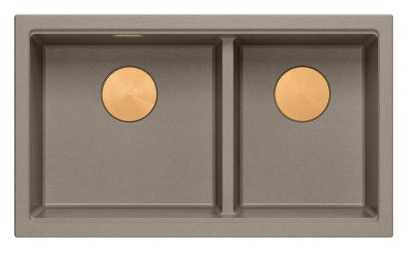 Quadri Newport II Double Taupe Granit Évier de surface 76x45 cm avec Bouchon en cuivre 1208971362
