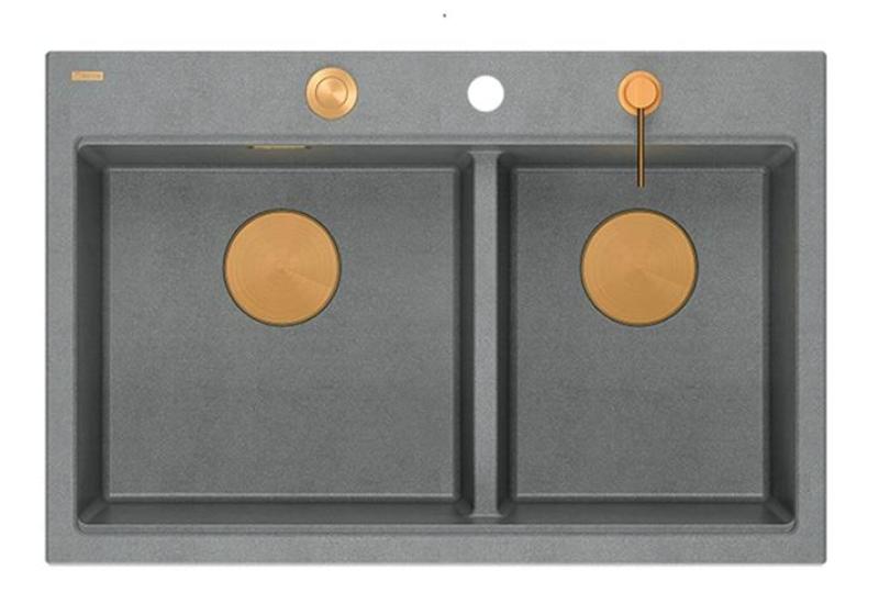 Évier de montage Quadri Hard Rock Double Granite Gris 76x50 cm avec bouchon en cuivre et accessoires 1208971389