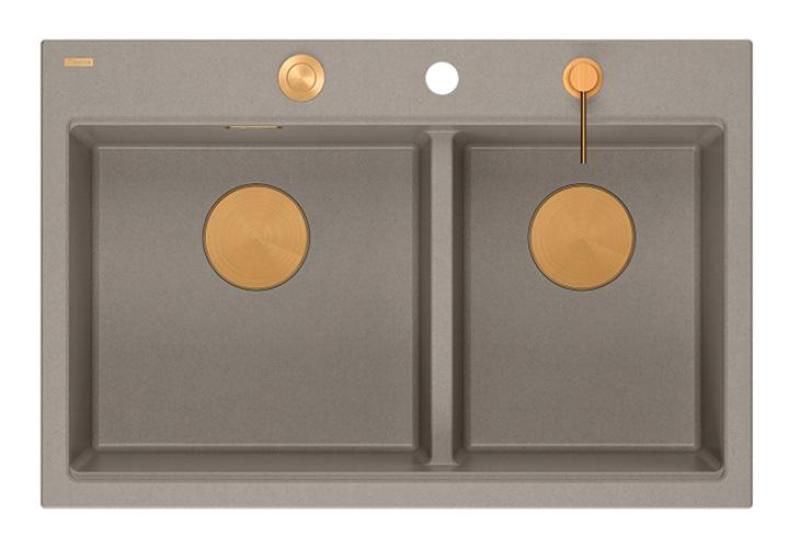 Quadri Hard Rock Double Taupe Granit Évier de Surface 76x50 cm avec Bouchon en Cuivre et Accessoires 1208971391