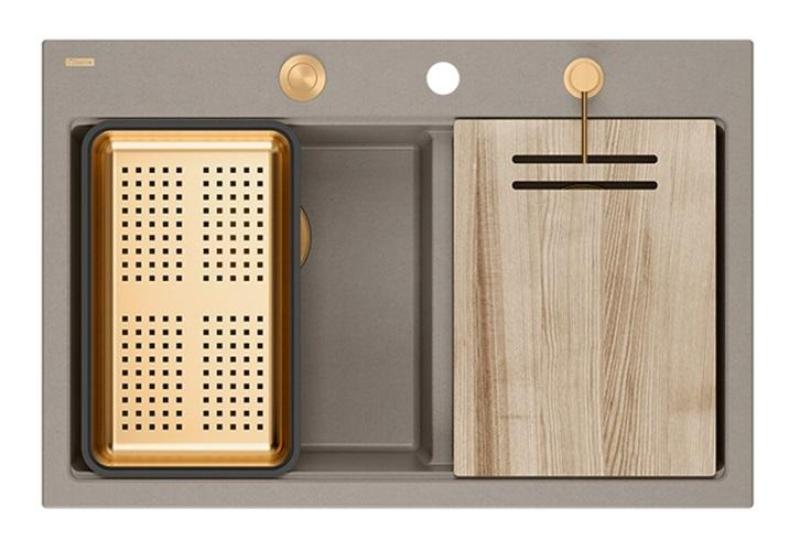 Quadri Hard Rock Double Taupe Granit Évier de Surface 76x50 cm avec Bouchon en Cuivre et Accessoires 1208971391