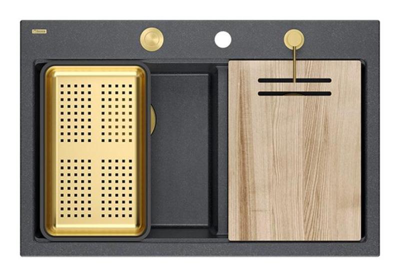 Évier de montage Quadri Hard Rock Double Granit Anthracite 76x50 cm avec bouchon doré et accessoires 1208971393