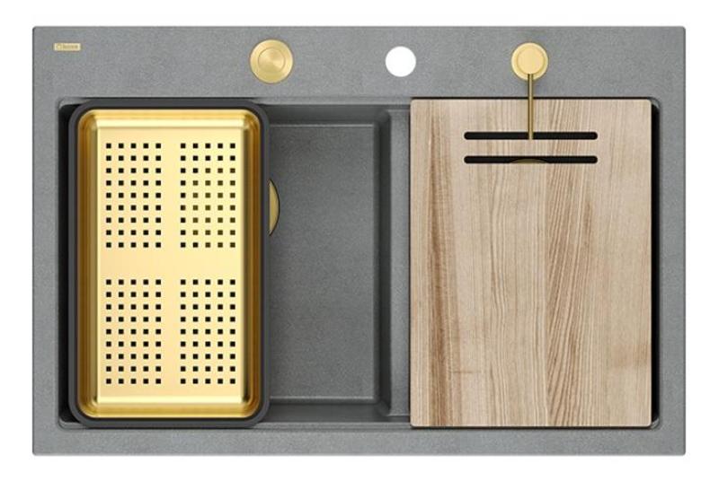 Évier à poser en granit gris double Quadri Hard Rock 76x50 cm avec bouchon doré et accessoires 1208971394