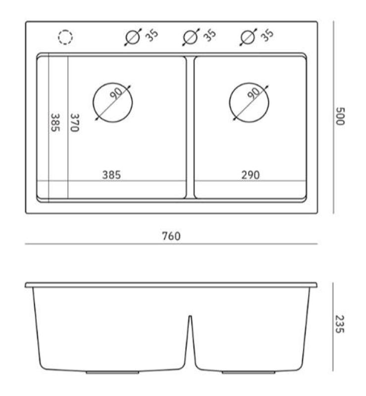 Évier Quadri Hard Rock en granit noir double à monter 76x50 cm avec bouchon doré et accessoires 1208971395