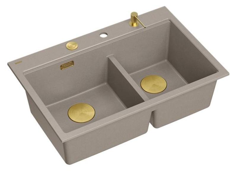 Quadri Hard Rock Double Taupe Granit Évier de montage 76x50 cm avec bouchon d'or et accessoires 1208971396