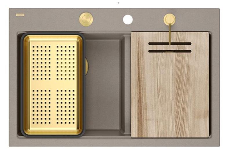 Quadri Hard Rock Double Taupe Granit Évier de montage 76x50 cm avec bouchon d'or et accessoires 1208971396