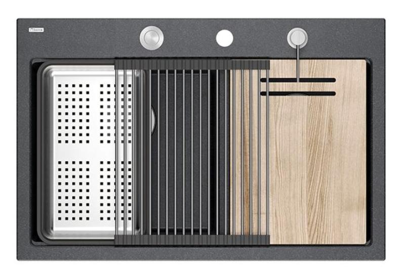 Évier de montage Quadri Hard Rock Double Granit Anthracite 76x50 cm avec bouchon en inox et accessoires 1208971399